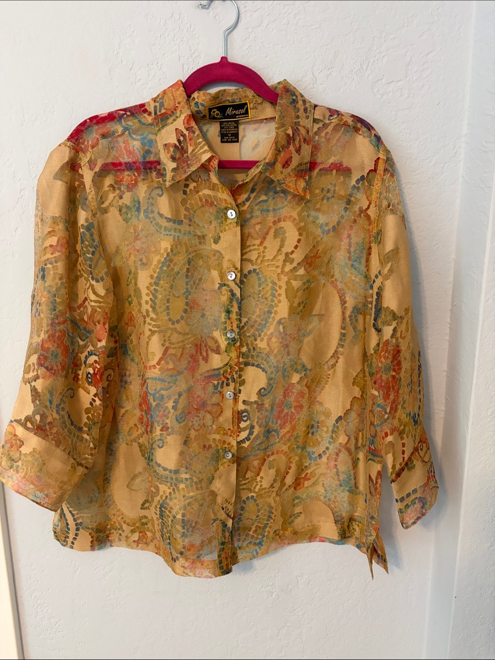Mirasol Sheer Paisley Print Button-Up Blouse in Mustard and Teal